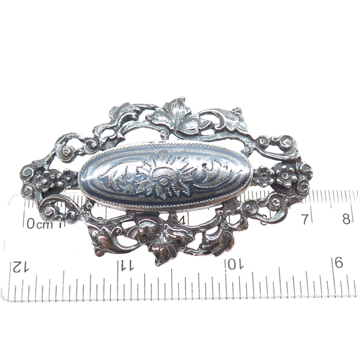 900 Silver Antique Art Deco Flower Oxidized Pin Brooch