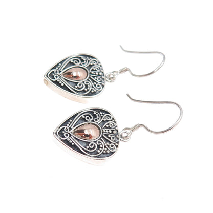 925 Sterling Silver 2-Tone Vintage Granulated Heart Oxidized Dangle Earrings