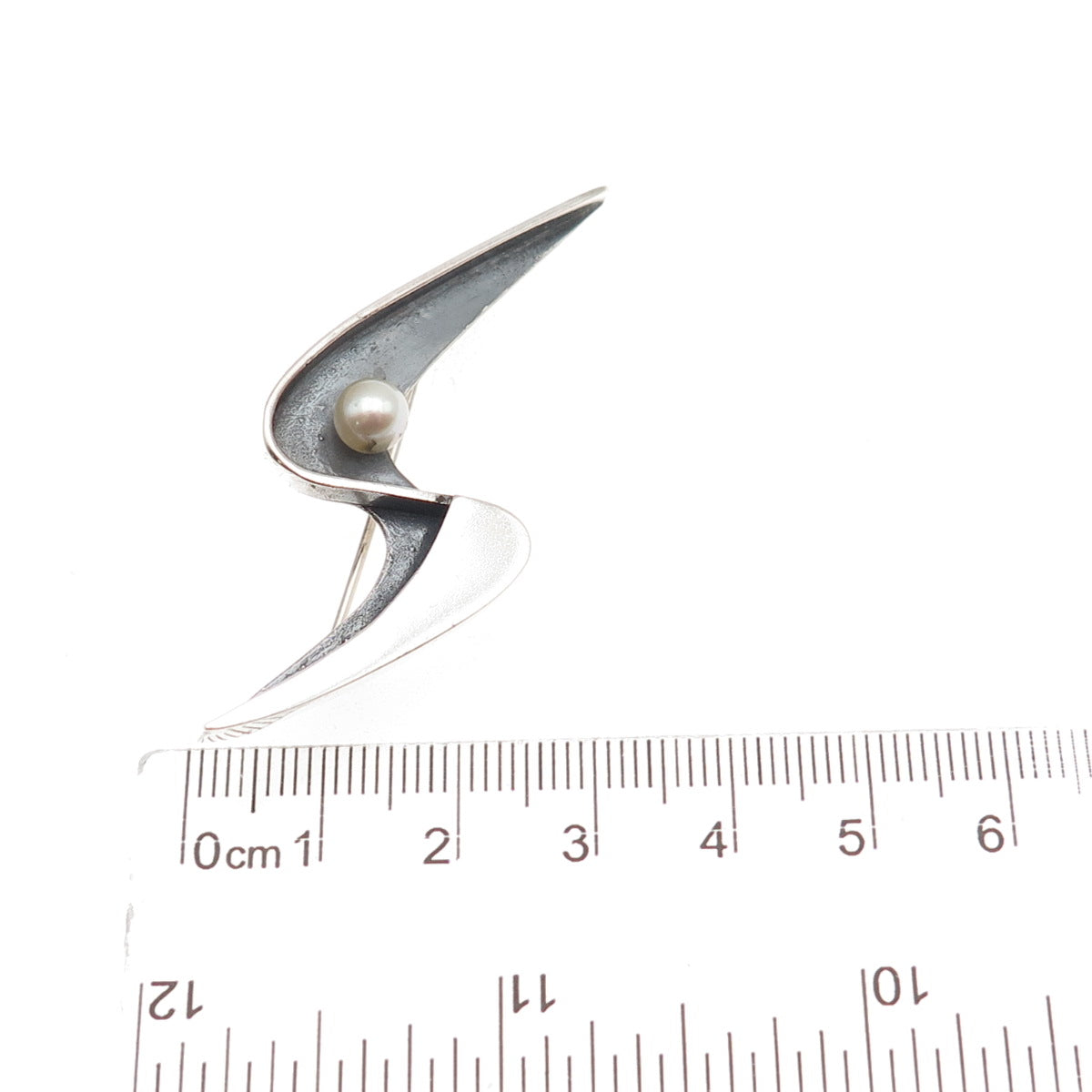 Phyllis Sklar Sterling Silver Vintage Real Pearl Modernist Oxidized Pin Brooch