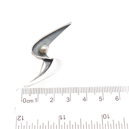 Phyllis Sklar Sterling Silver Vintage Real Pearl Modernist Oxidized Pin Brooch