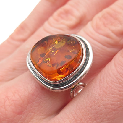 925 Sterling Vintage Poland Real Amber Modernist Adjustable Ring Size 8.75