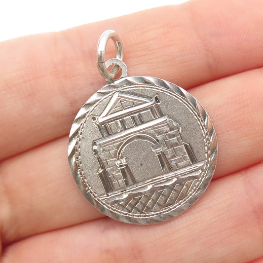 925 Sterling Silver Antique Art Deco Engraved Parthenon Token Charm Pendant