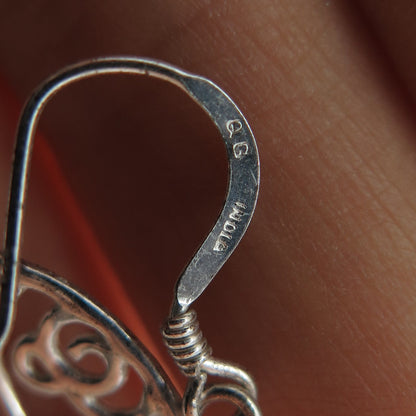 925 Sterling Silver Vintage Ornate Rose Flower Dangle Earrings