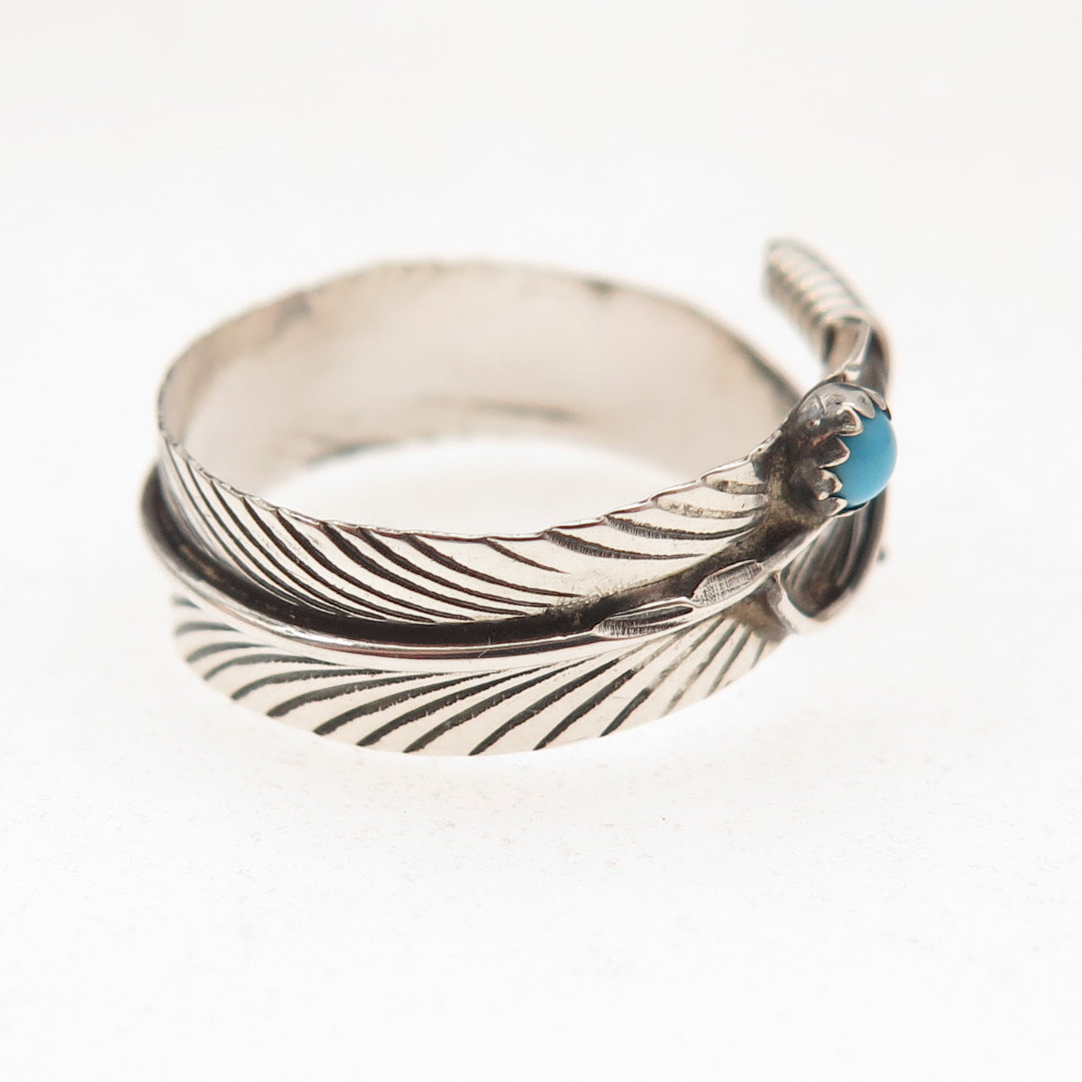 Old Pawn 925 Sterling Silver Vintage Turquoise Feather Adjustable Ring Size 9.25