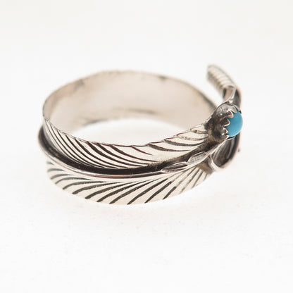 Old Pawn 925 Sterling Silver Vintage Turquoise Feather Adjustable Ring Size 9.25