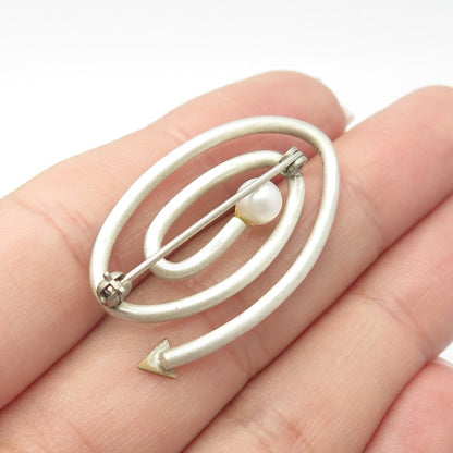 925 Sterling Silver Vintage Real Pearl 2-Tone Handmade Spiral Pin Brooch