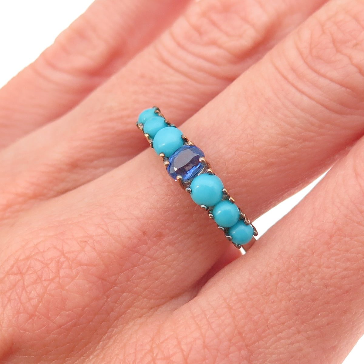 925 Sterling Silver 2-Tone Real Sapphire & Sleeping Beauty Turquoise Ring Size 8