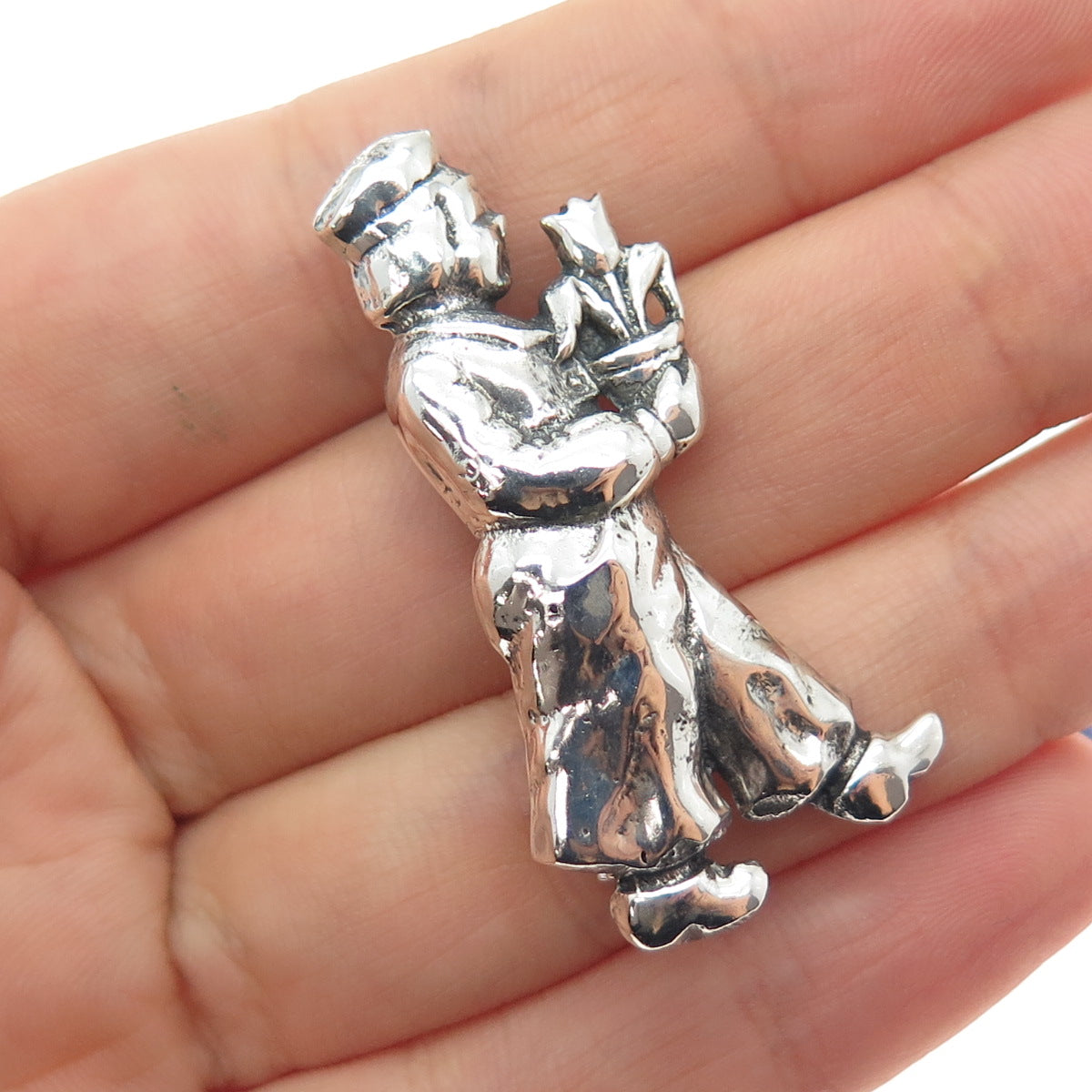 925 Sterling Silver Antique Art Deco Man w/ Tulip Flower Oxidized Pin Brooch
