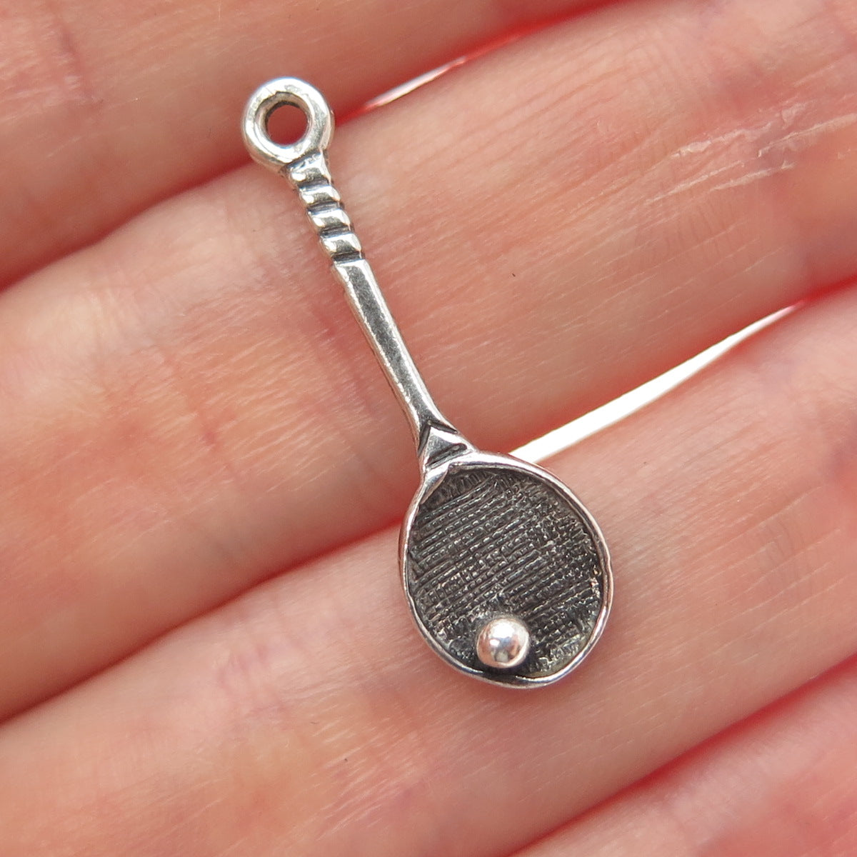 925 Sterling Silver Vintage Tennis Racket Ball Oxidized Minimalist Charm Pendant