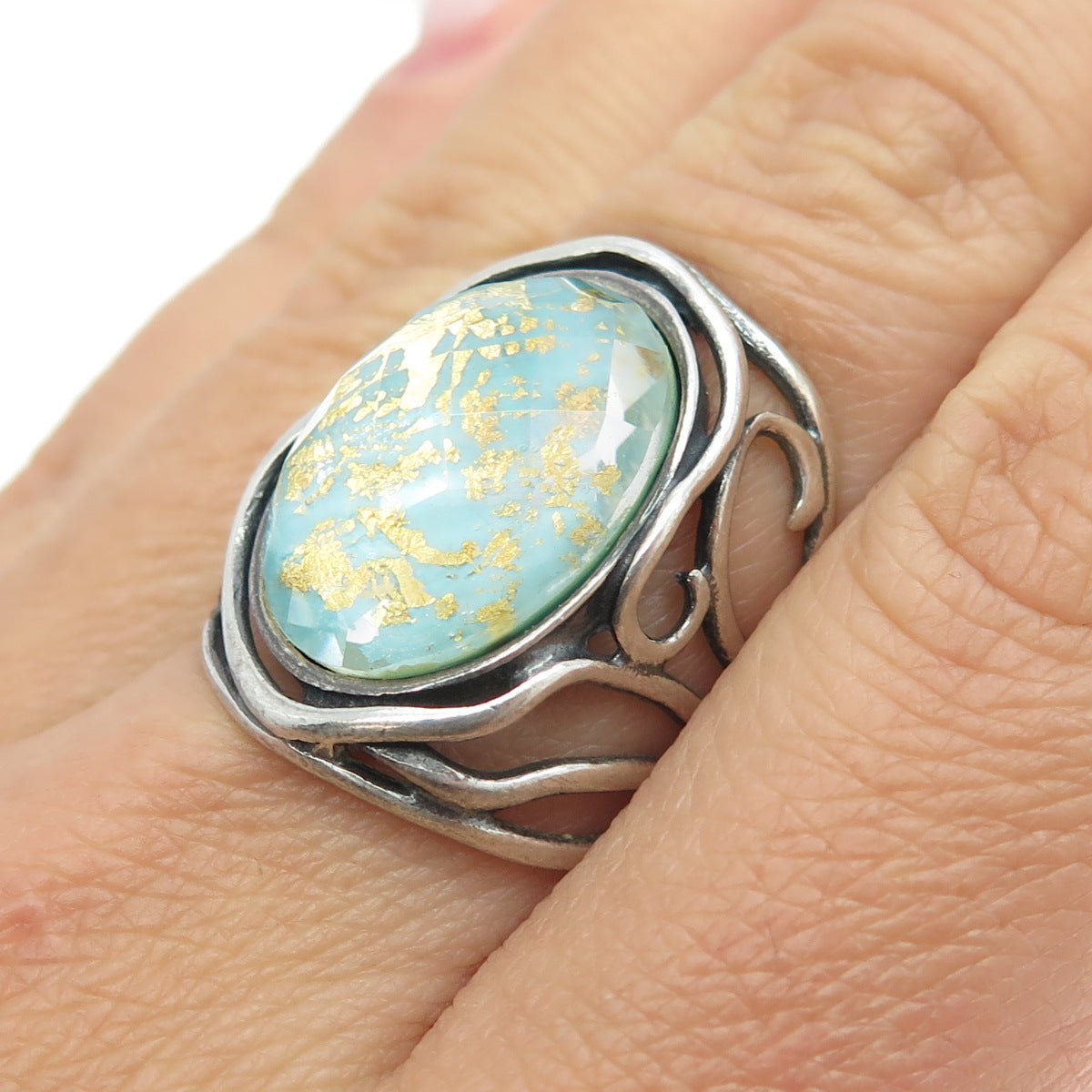 DIDAE Sterling Silver Vintage Israel Doublet Gold Leaf Turquoise Ring Size 7.25