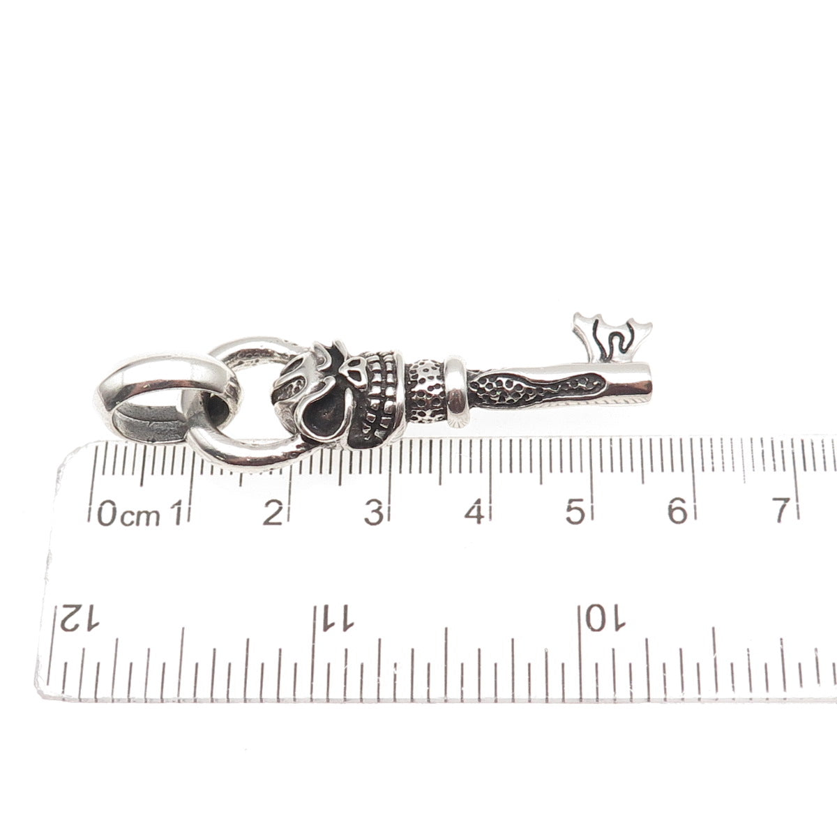 925 Sterling Silver Vintage Flaming Skeleton Key Oxidized Pendant