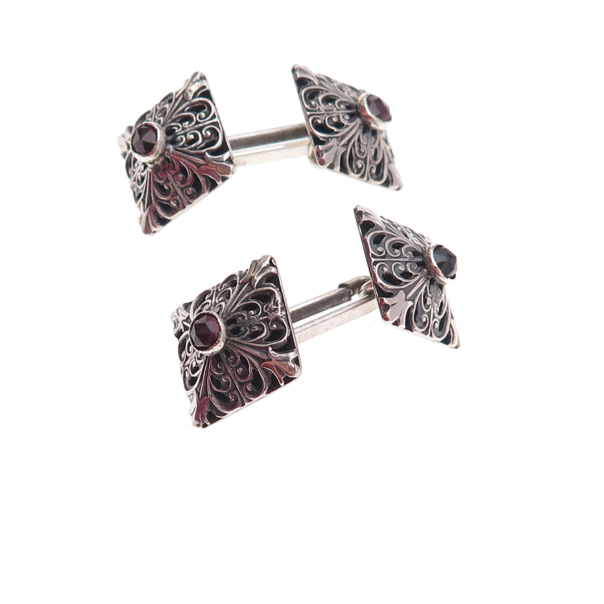 800 Silver Antique Art Deco Real Red Garnet Floral Oxidized Cufflinks