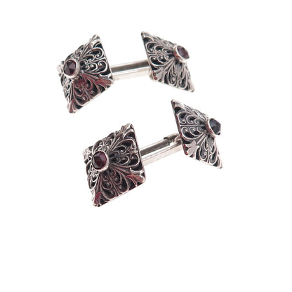800 Silver Antique Art Deco Real Red Garnet Floral Oxidized Cufflinks