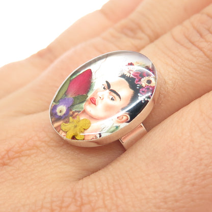 925 Sterling Silver Vintage Enamel Frida Kahlo Pressed Flowers Ring Size 7.75