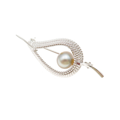 925 Sterling Silver Vintage Real Pearl Modernist Floral Pin Brooch