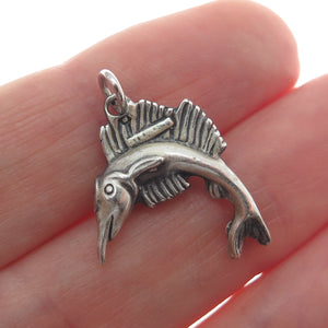 WELLS 925 Sterling Silver Vintage Swordfish Oxidized 3D Charm Pendant