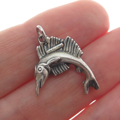 WELLS 925 Sterling Silver Vintage Swordfish Oxidized 3D Charm Pendant