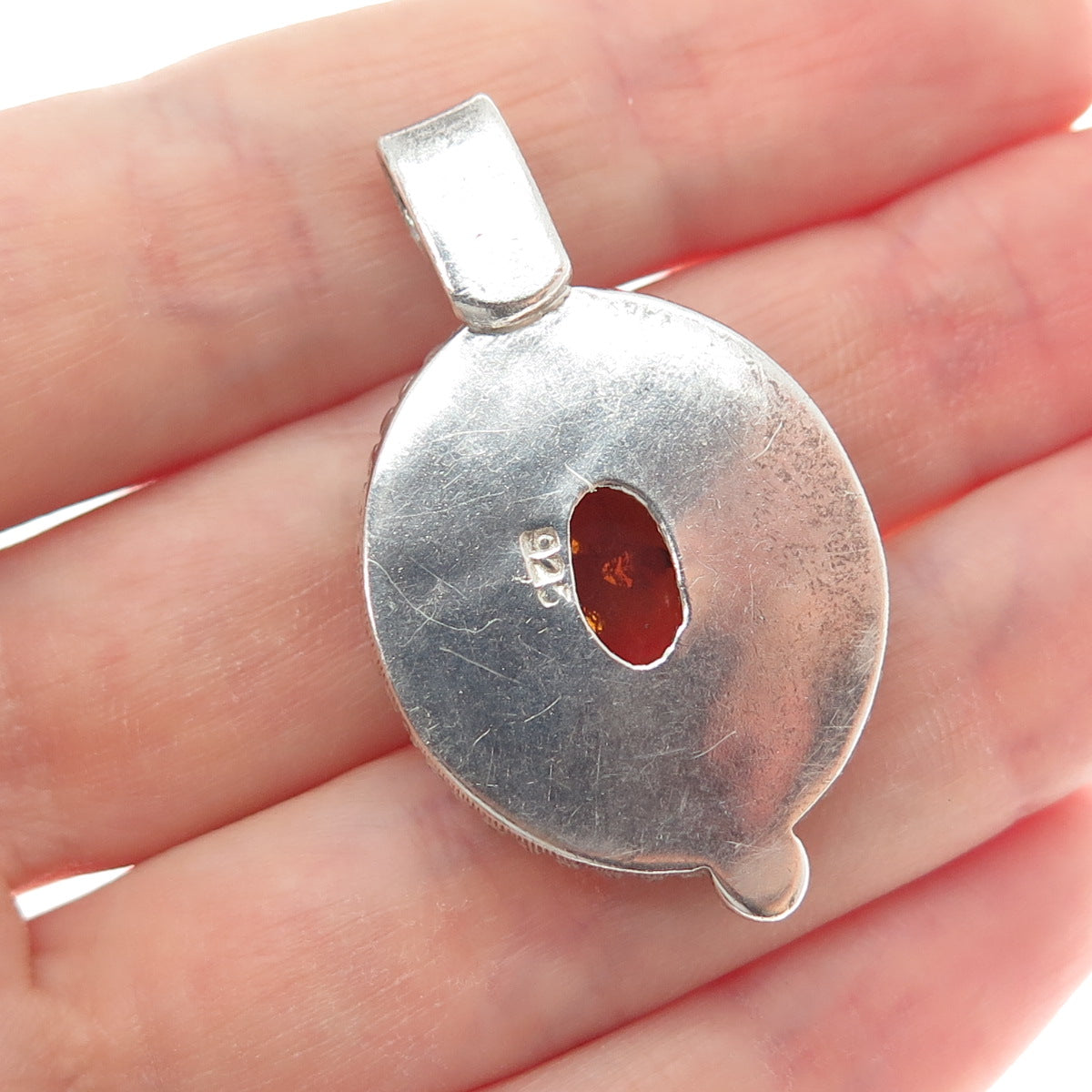 925 Sterling Silver Vintage Real Amber Beaded Oxidized Charm Pendant