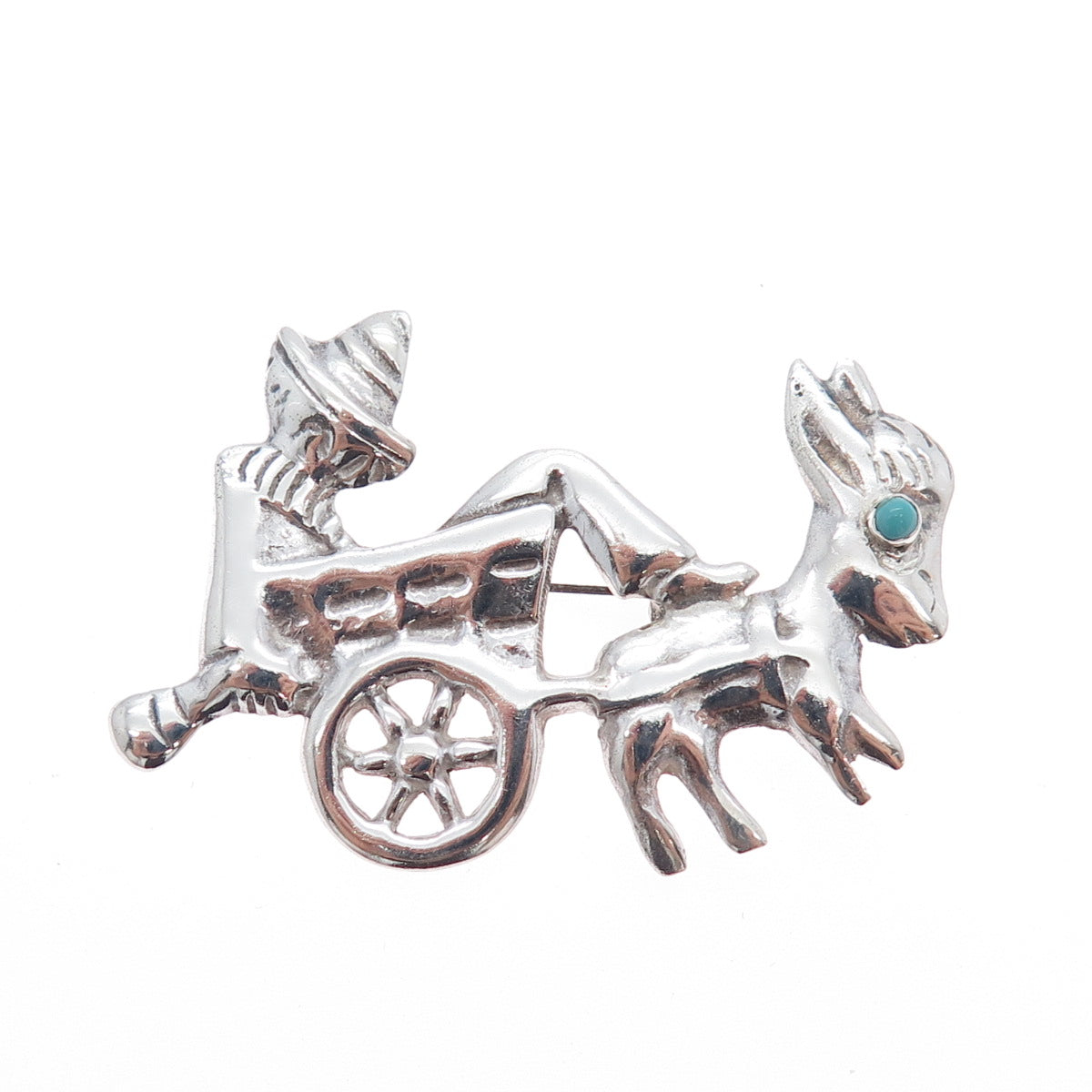 925 Sterling Silver Vintage Mexico Turquoise Sombrero Donkey Cart Pin Brooch
