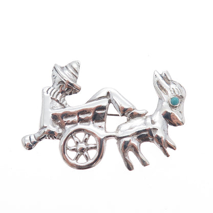 925 Sterling Silver Vintage Mexico Turquoise Sombrero Donkey Cart Pin Brooch