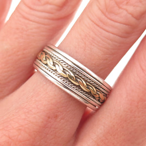 925 Sterling Silver 2-Tone Vintage Woven Rotating Oxidized Band Ring Size 10
