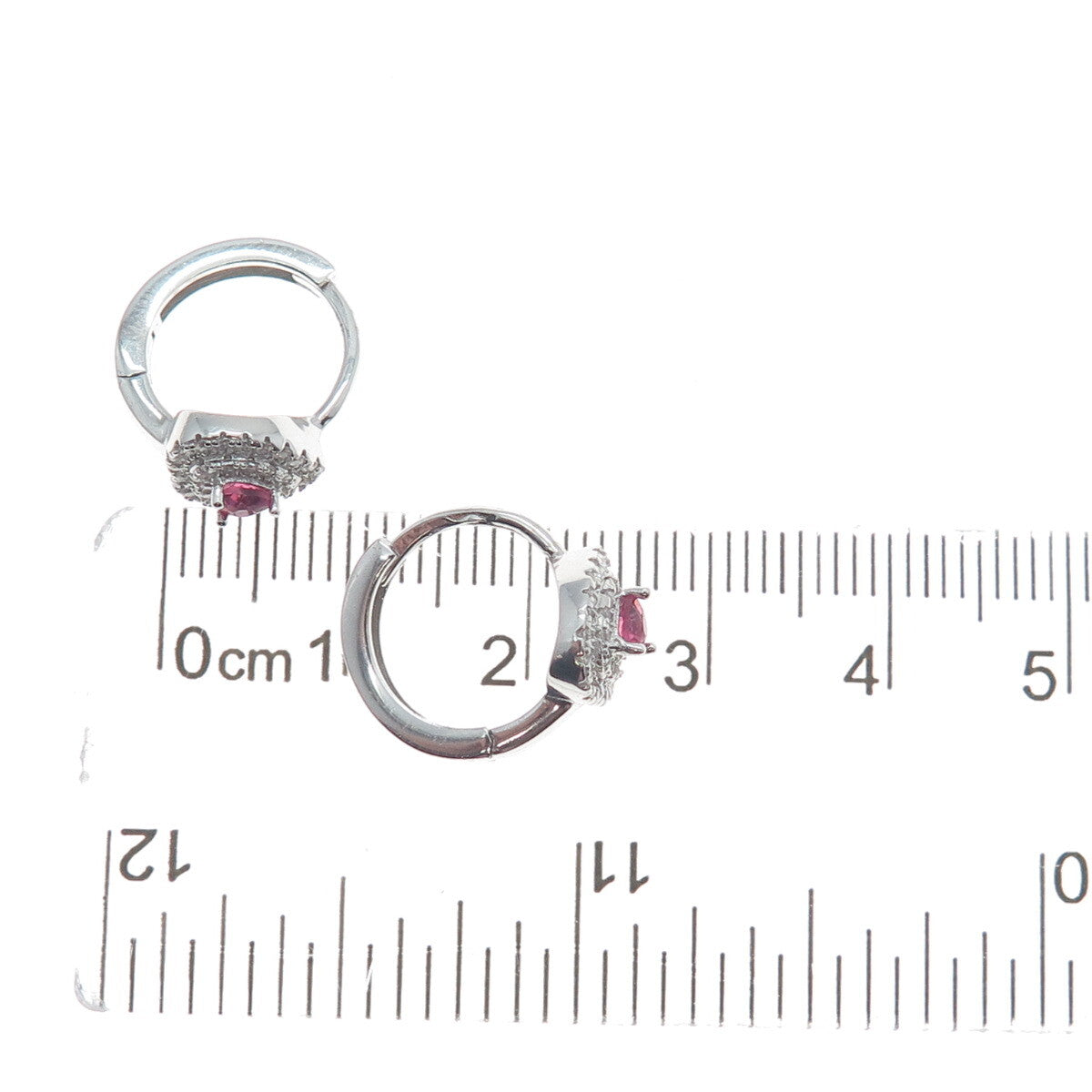925 Sterling Silver Heart-Cut Pink & Round-Cut White C Z Hoop Earrings