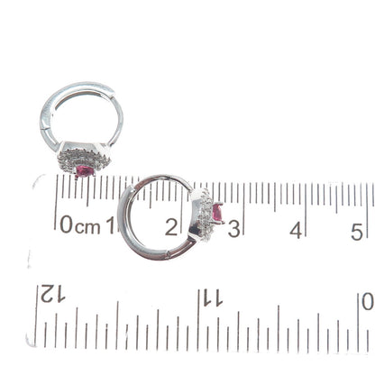 925 Sterling Silver Heart-Cut Pink & Round-Cut White C Z Hoop Earrings