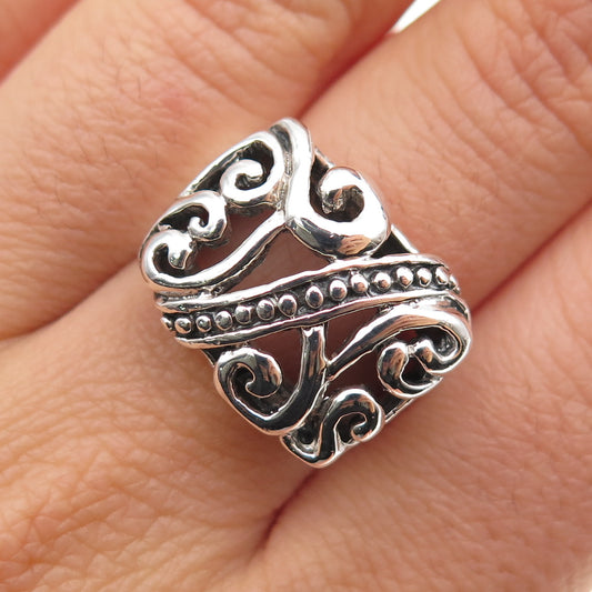 925 Sterling Silver Vintage Floral Scroll Oxidized Ring Size 7