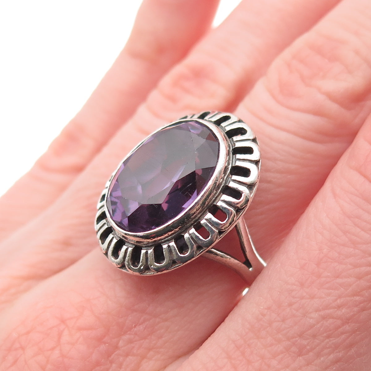 925 Sterling Silver Vintage Mexico Lab-Created Peacock Sapphire Ring Size 6.75