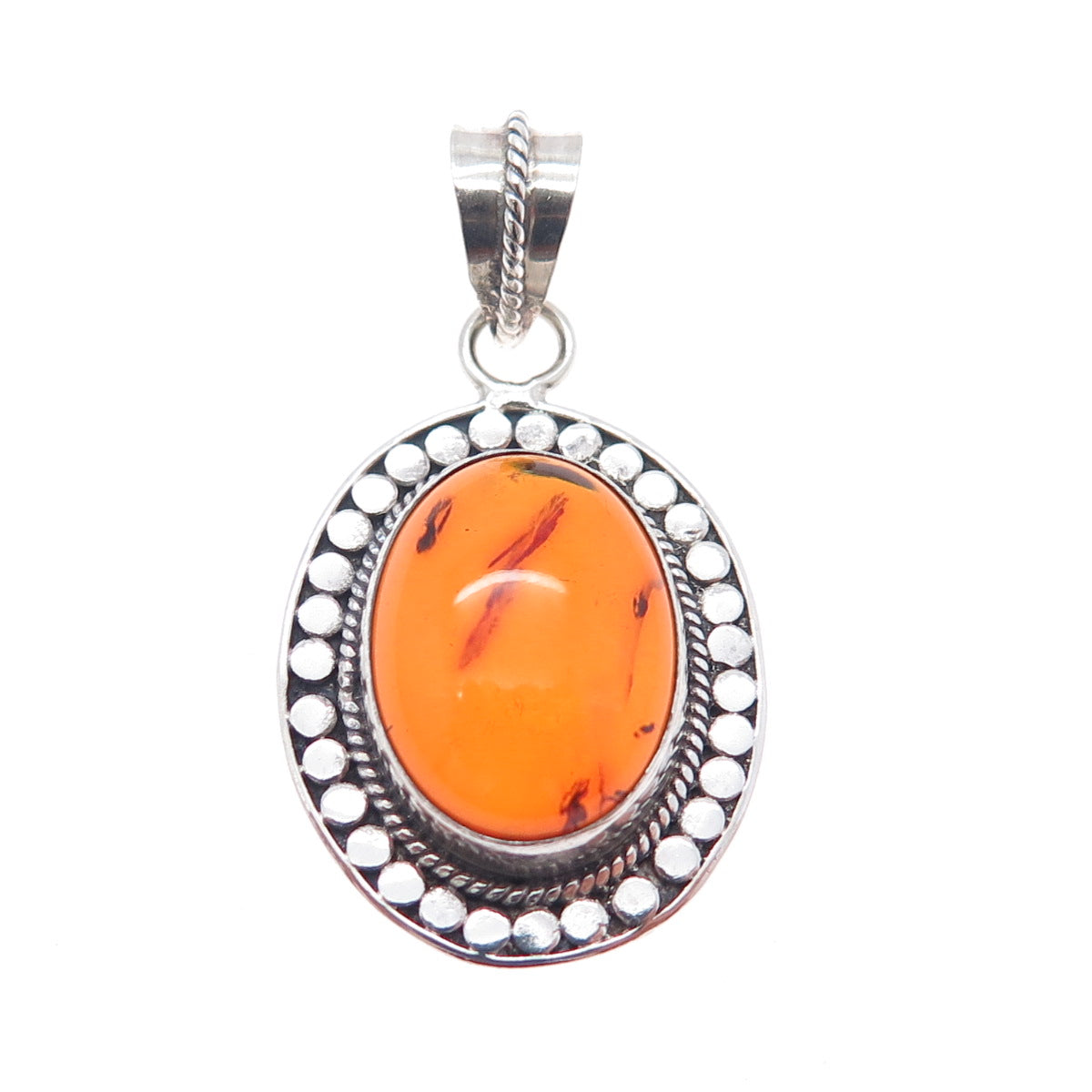 925 Sterling Silver Vintage Real Amber Dotted Charm Pendant