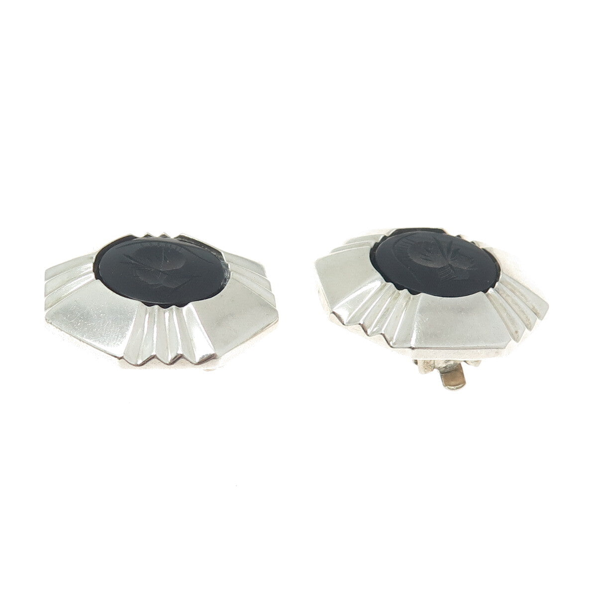 CHAPAL ZENRAY Sterling Silver Vintage Black Onyx Roman Soldier Clip On Earrings