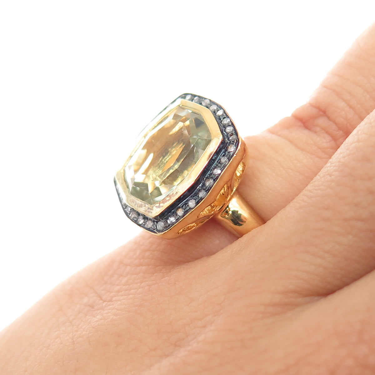 925 Sterling Silver Gold Plated Real Diamond & Green Amethyst Ring Size 4.75