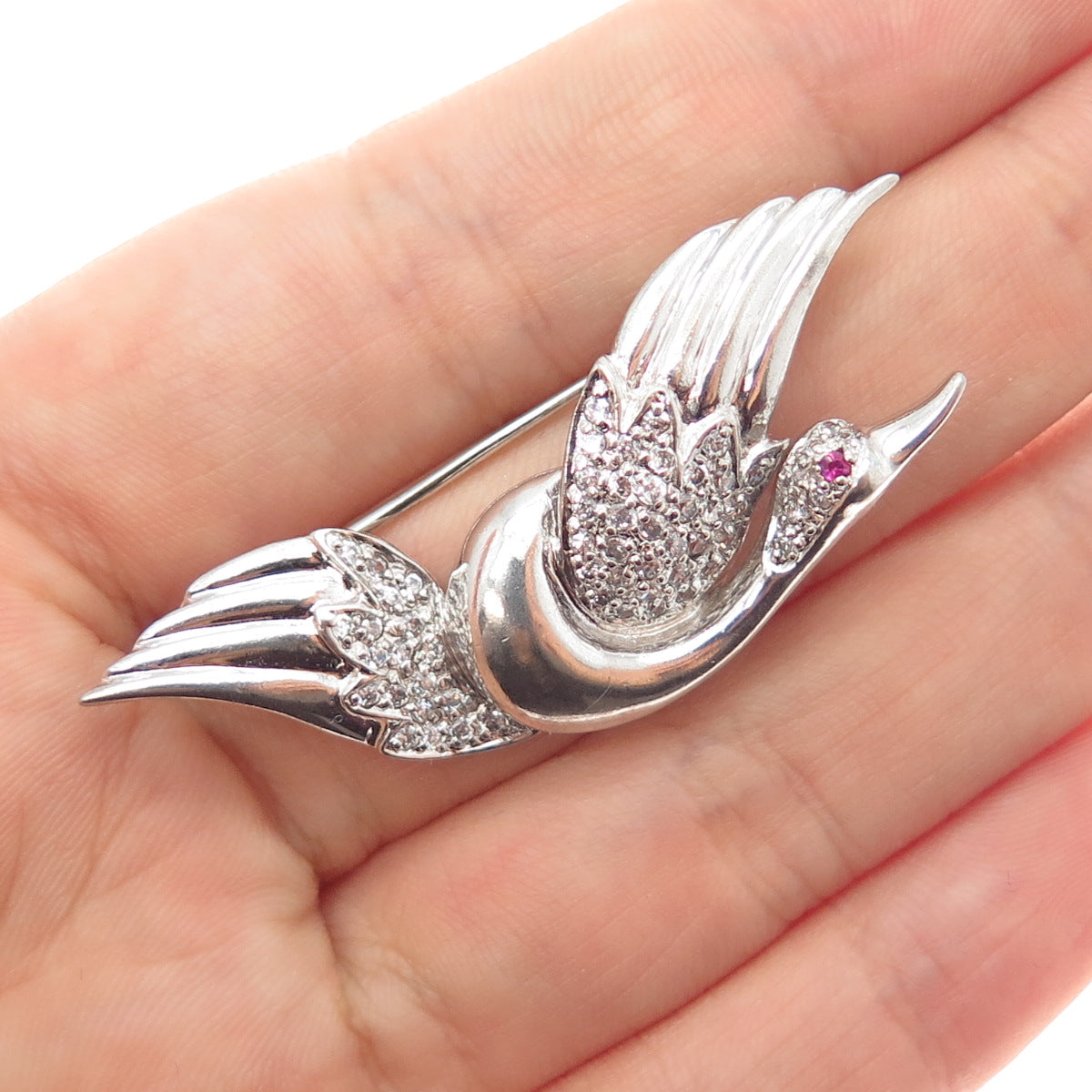 925 Sterling Silver Vintage White & Pink C Z Swan Pin Brooch