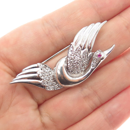 925 Sterling Silver Vintage White & Pink C Z Swan Pin Brooch
