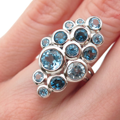 925 Sterling Silver Real London & Swiss Blue Topaz Cluster Ring Size 6