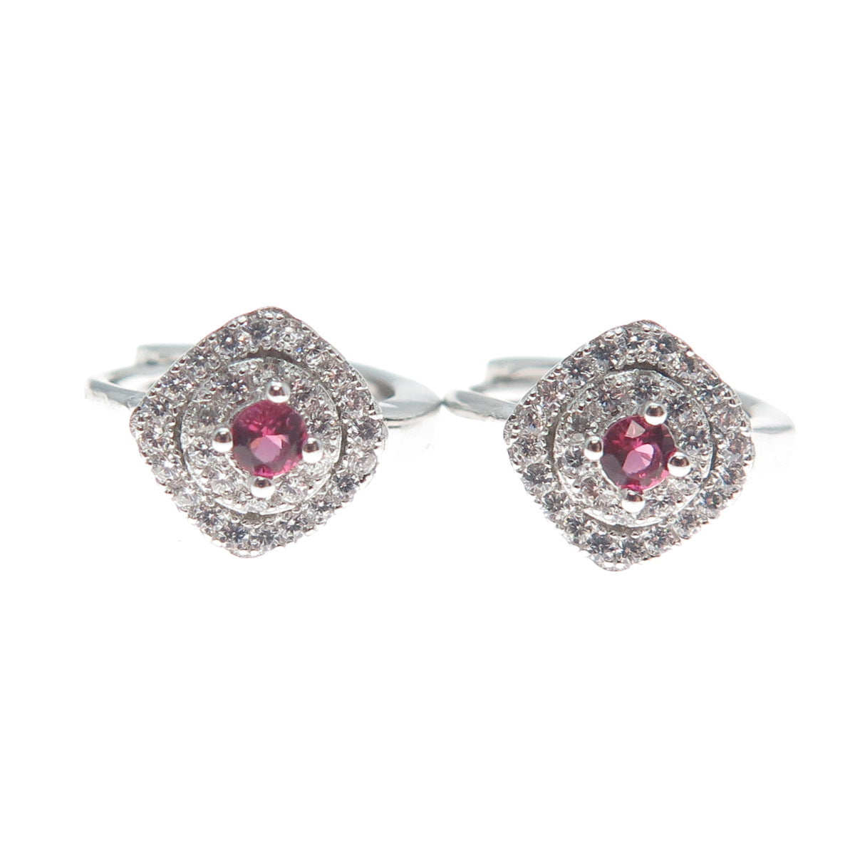 925 Sterling Silver Round-Cut Pink & White C Z Cushion Hoop Earrings