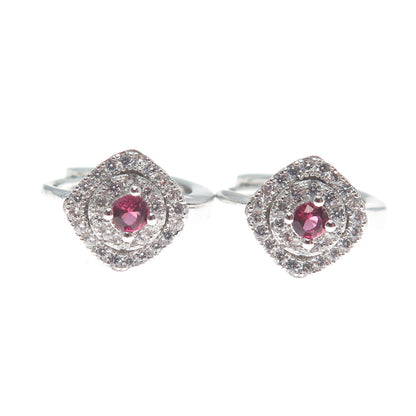 925 Sterling Silver Round-Cut Pink & White C Z Cushion Hoop Earrings