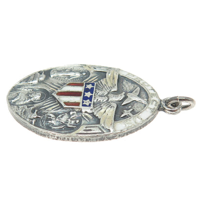 925 Sterling Silver Antique Art Deco Enamel WWII US Army Religious Pendant