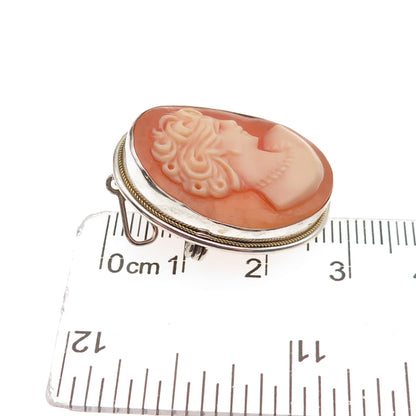 800 Silver 2-Tone Vintage Real MOP Carved Lady Cameo Pin Brooch / Pendant