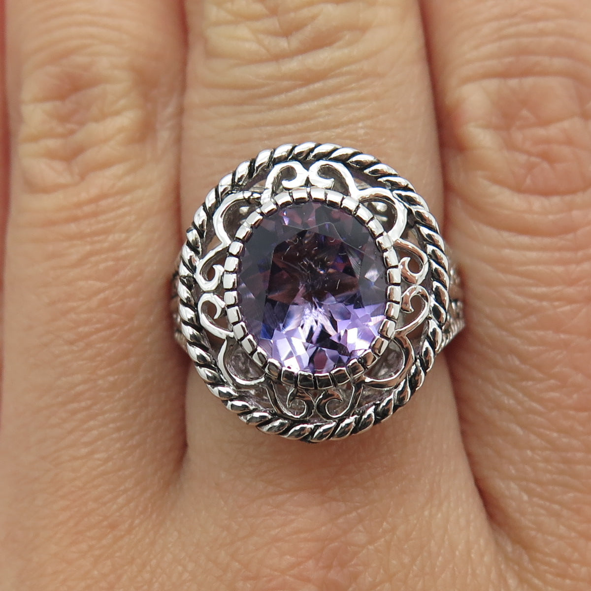 925 Sterling Silver Real Checkered Amethyst Gem Swirl Twisted Ring Size 7