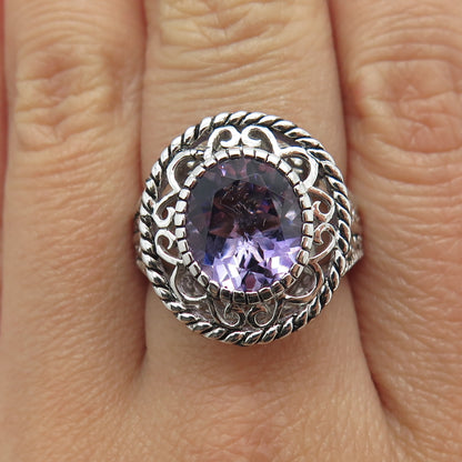 925 Sterling Silver Real Checkered Amethyst Gem Swirl Twisted Ring Size 7