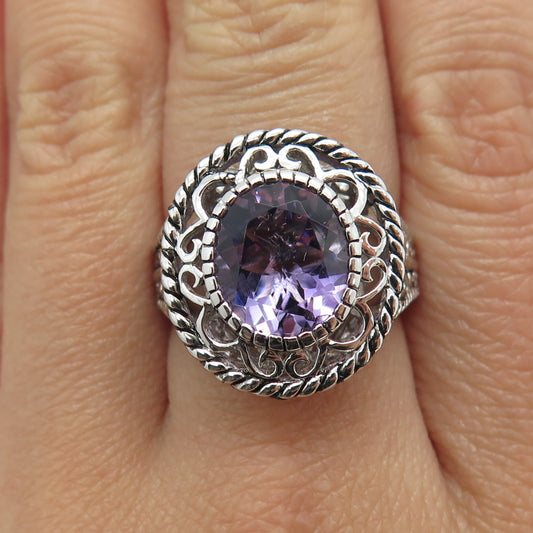 925 Sterling Silver Real Checkered Amethyst Gem Swirl Twisted Ring Size 7