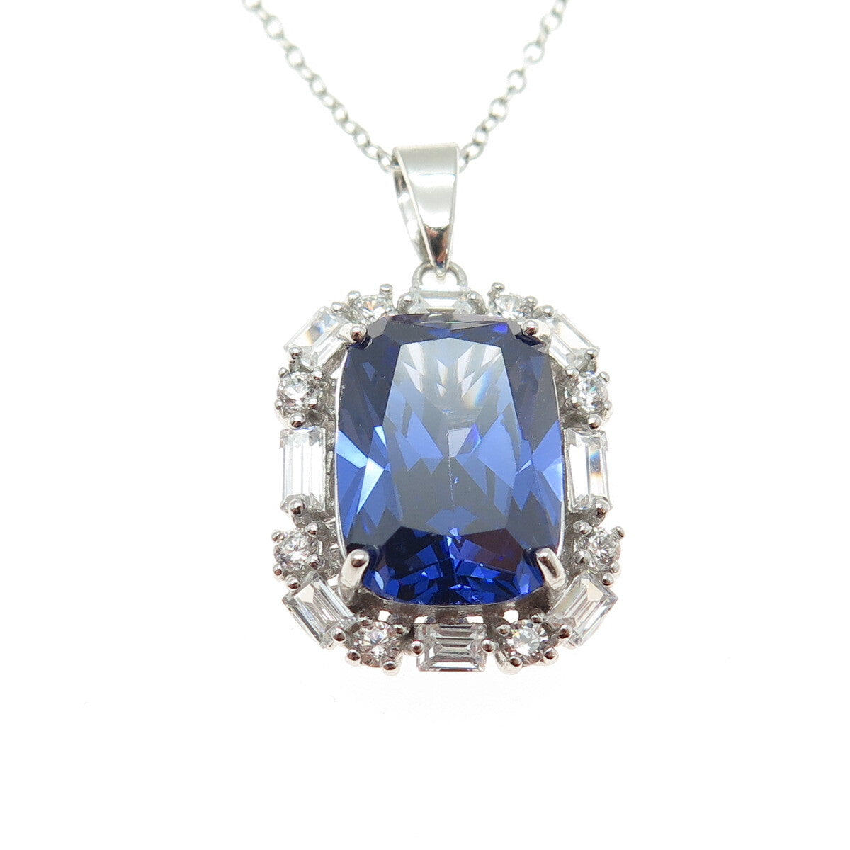 925 Sterling Silver Blue & White C Z Station Chain Necklace 18"