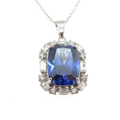 925 Sterling Silver Blue & White C Z Station Chain Necklace 18"