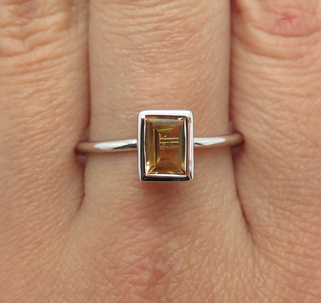 925 Sterling Silver Real Emerald-Cut Citrine Gemstone Minimalist Ring Size 10.5