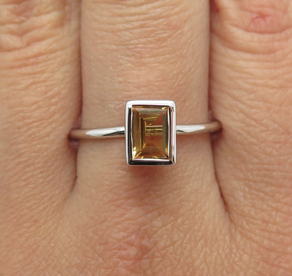 925 Sterling Silver Real Emerald-Cut Citrine Gemstone Minimalist Ring Size 10.5