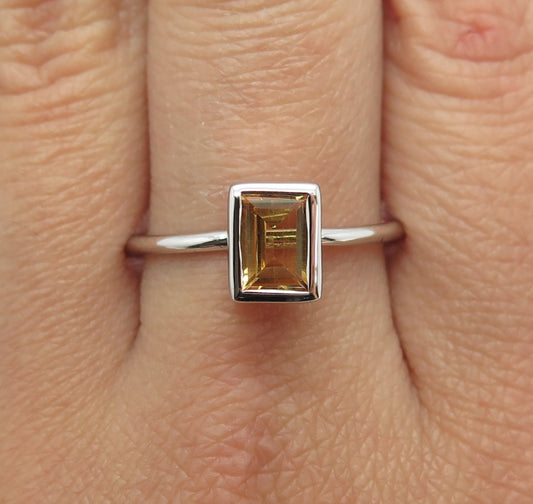 925 Sterling Silver Real Emerald-Cut Citrine Gemstone Minimalist Ring Size 10.5