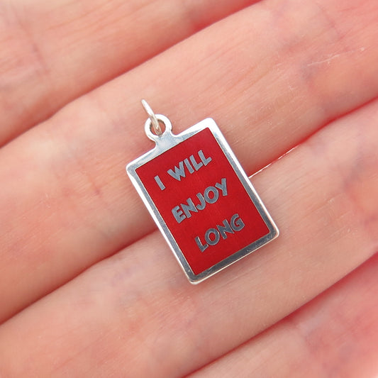 925 Sterling Silver Red Enamel I Will Enjoy Long Minimalist Charm Pendant