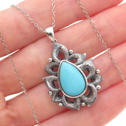 925 Sterling Silver Real Tyrone Turquoise Floral Cable Chain Necklace 18"