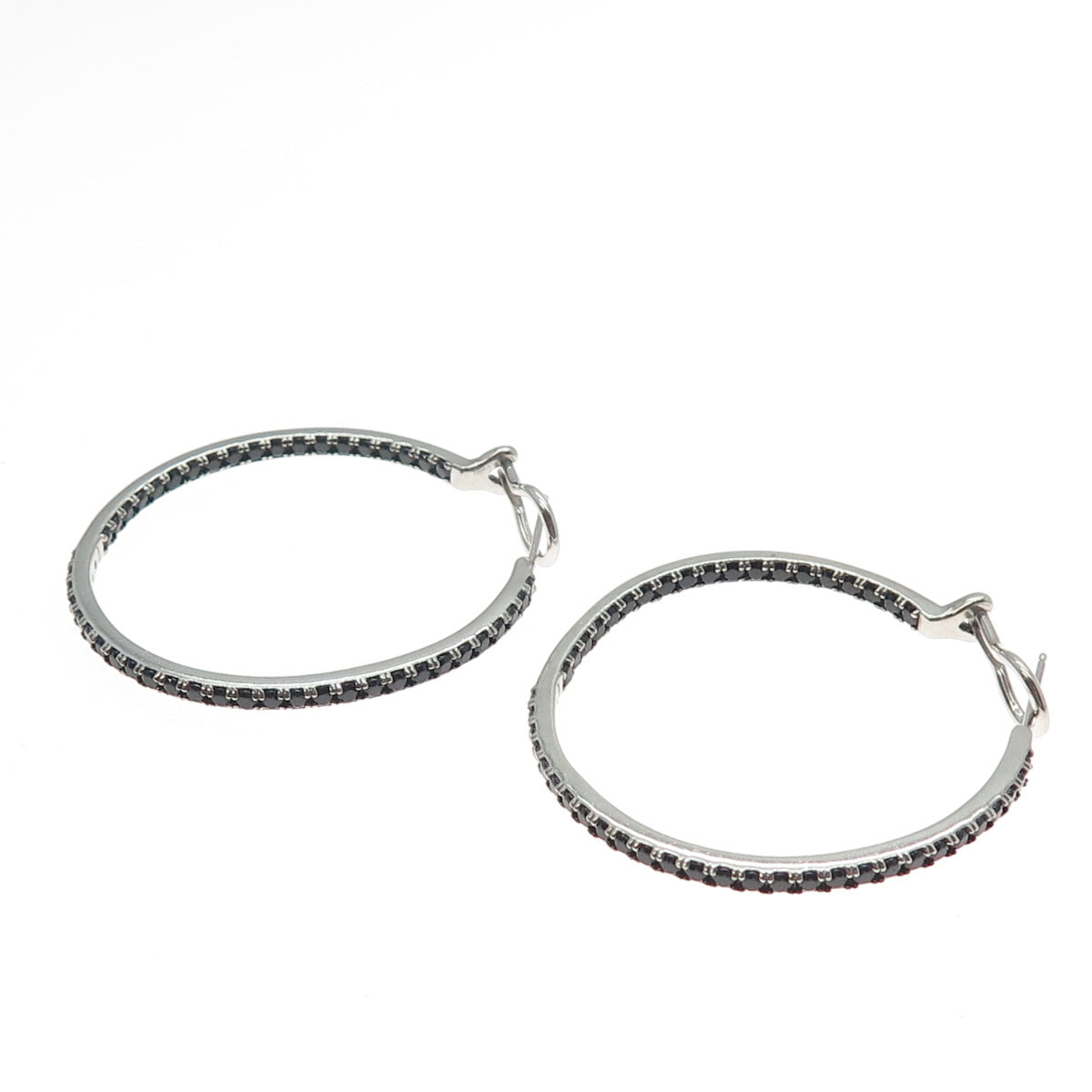 925 Sterling Silver Real Round-Cut Black Spinel In & Out Hoop Earrings